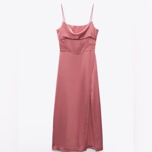 Zara Sunset Pink Cowl Neck Corseted Slip Dress with Slit